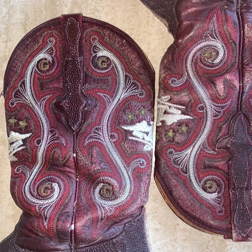 El General cowboy boots, men's 6 burgundy stingray fancy eagle stitching VTG GUC